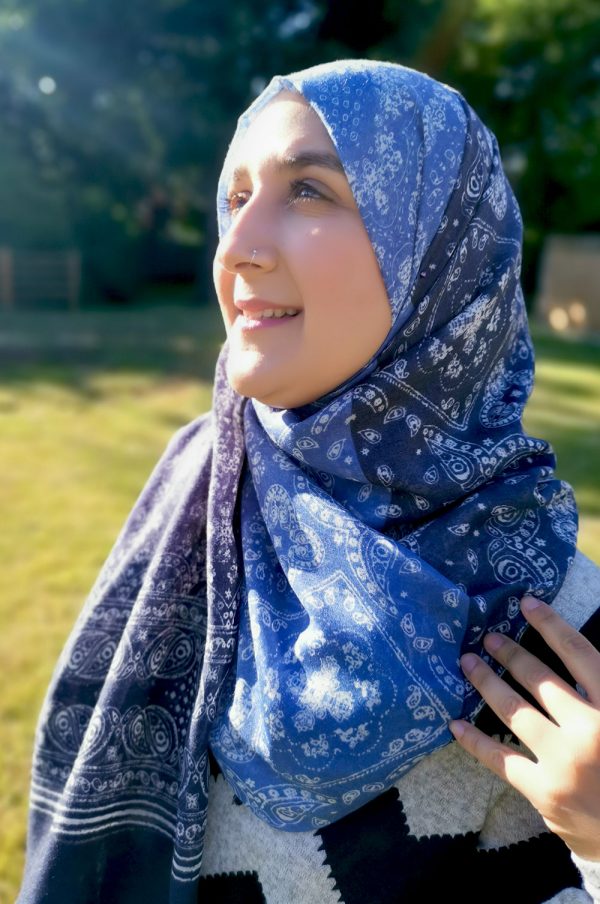 Two Tone Floral & Paisley Print Tassel Hijab - Blue and Navy Blue