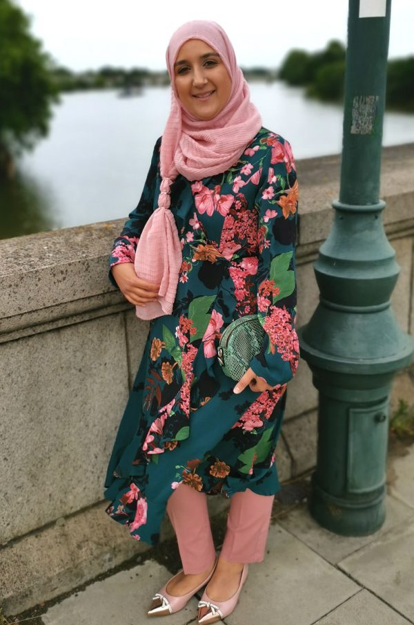 Teal Green Wrap Dress with Pink Flowers and Frill Detailing