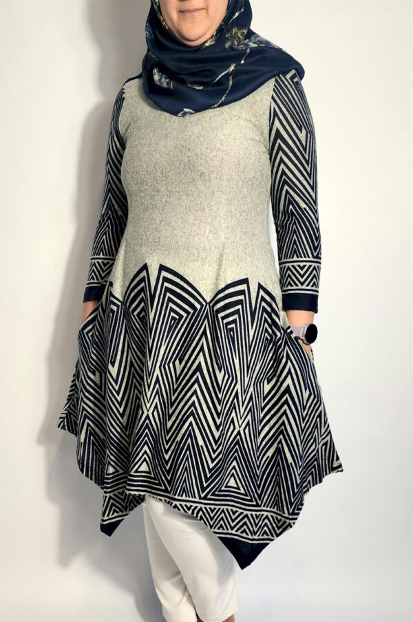 Navy and Grey Waterfall Hem Dress - Image 2