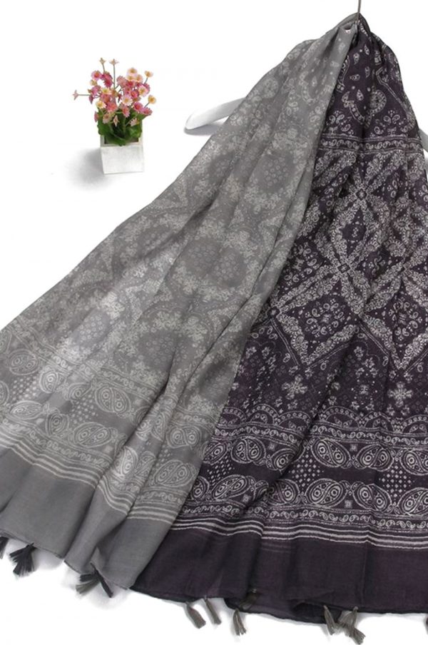 CLEARANCE Two Tone Floral & Paisley Print Tassel Hijab - Grey and Purple - Image 4