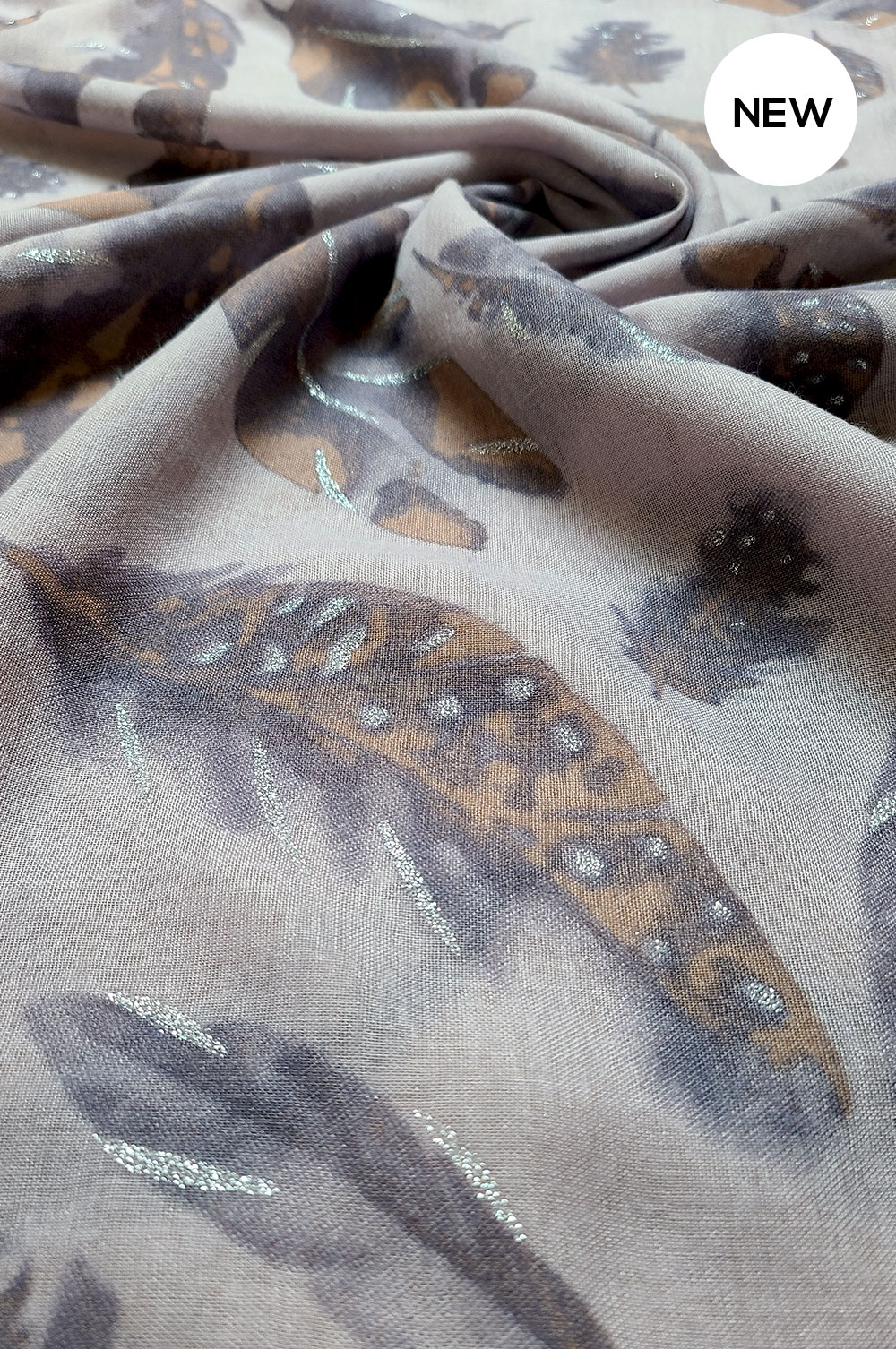 Silver Glitter Feather Print Hijab - Grey - Bee and Humble