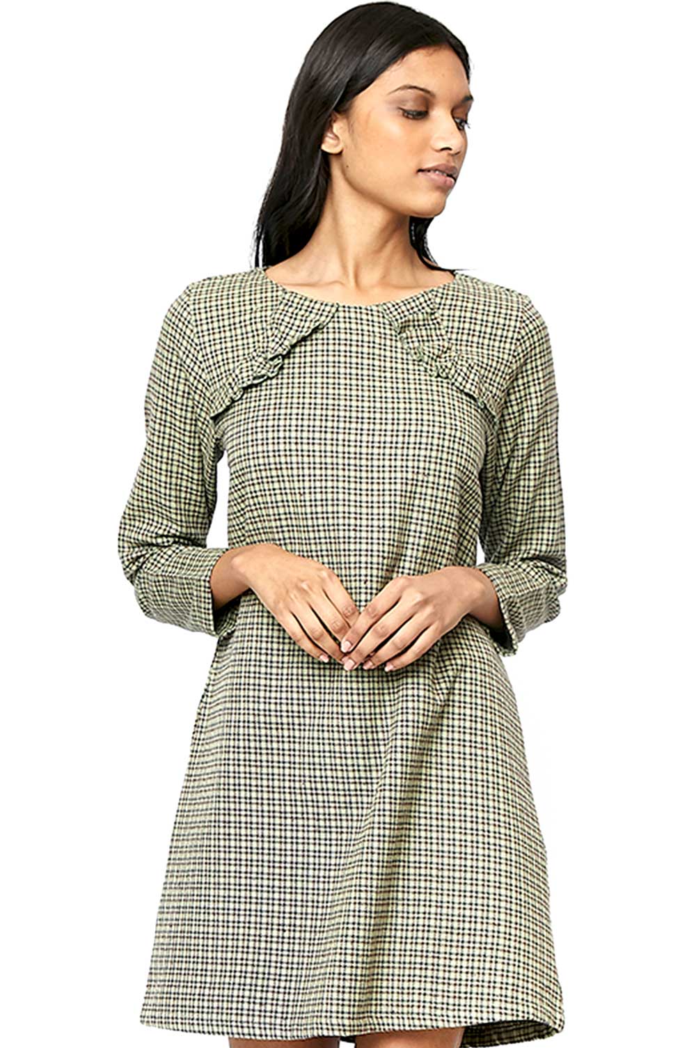 CLEARANCE | 100% Cotton Green Checked Shift Dress with Ruffle Details ...