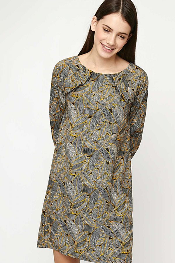 CLEARANCE | Black and Yellow Leaf Print Shift Dress with Ruffle Details