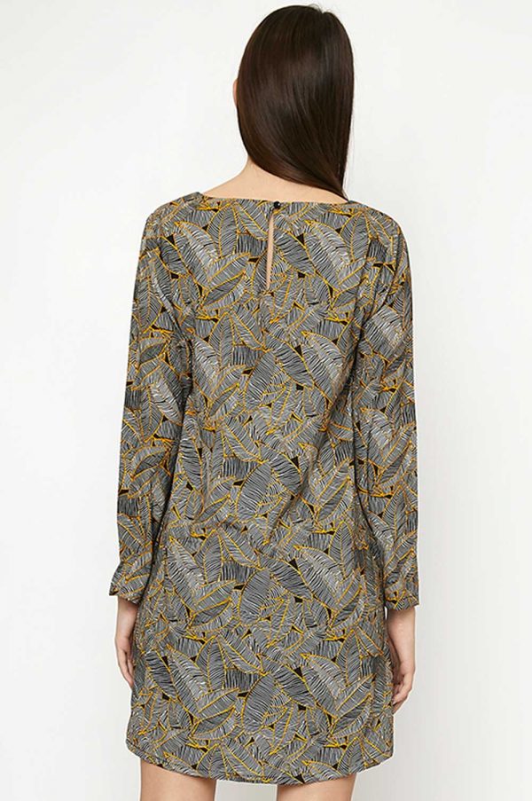 CLEARANCE | Black and Yellow Leaf Print Shift Dress with Ruffle Details - Image 2